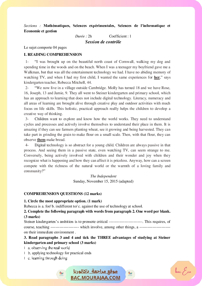 Corrigé controle anglais Bac 2017 – Section eco